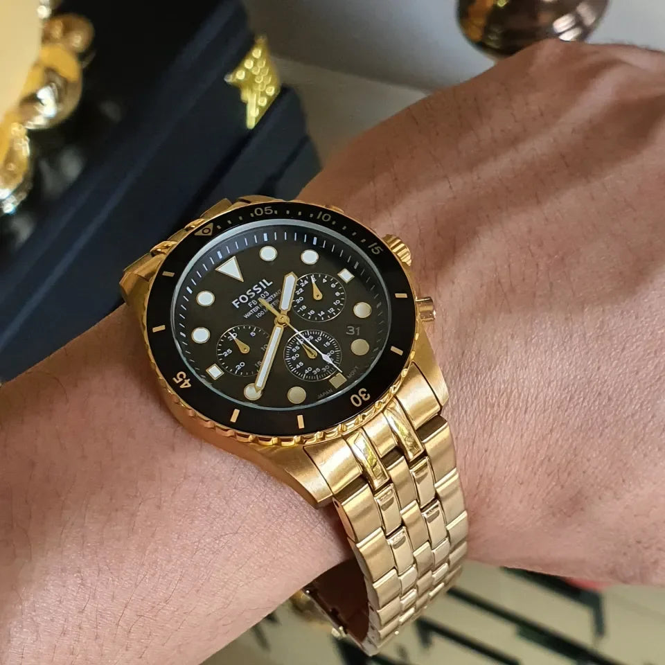 Fossil FS5836 FB-01 Chronograph Men’s Watch – Black Dial with Gold Steel Strap