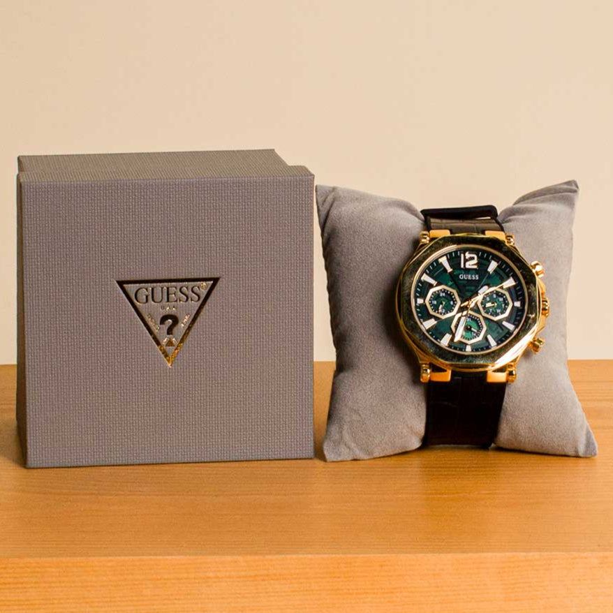 Guess Edge Chronograph Green Dial Black Leather Strap Watch For Men - GW0492G3