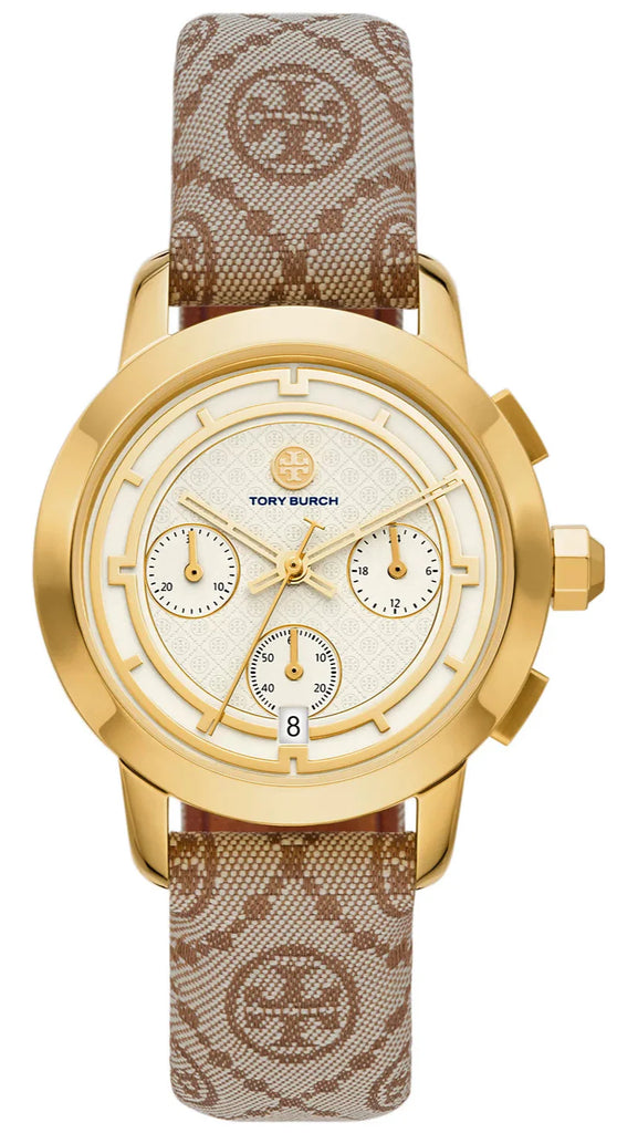 Tory Burch The Tory Chronograph White Dial Maroon Jacquard Strap Watch for Women - TBW1050