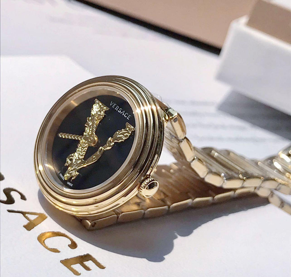 Versace V Virtus Quartz Black Dial Gold Steel Strap Watch For Women - VET300121