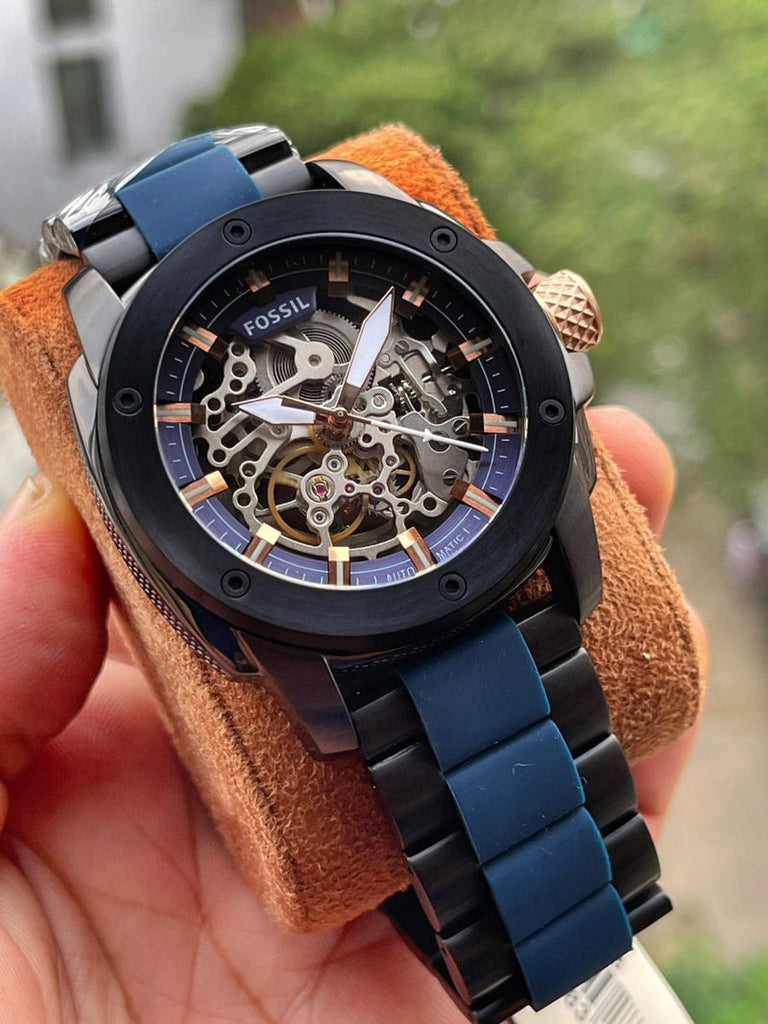 Fossil Modern Machine Automatic Skeleton Blue Dial Two Tone Steel Strap Watch for Men - ME3133