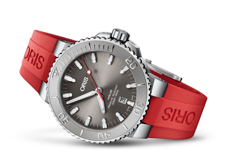 Oris Aquis Date Relief Grey Dial Red Rubber Strap Watch for Men - 0173377304153-0742466EB