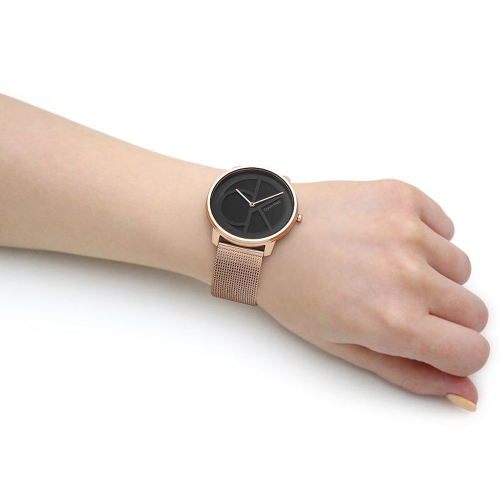 Calvin Klein Minimal Black Dial Rose Gold Mesh Bracelet Watch for Men - K3M22621