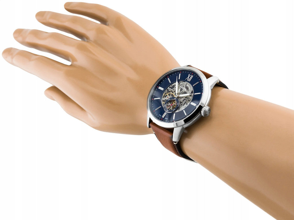 Fossil Townsman Automatic Skeleton Blue Dial Brown Leather Strap Watch for Men - ME3154
