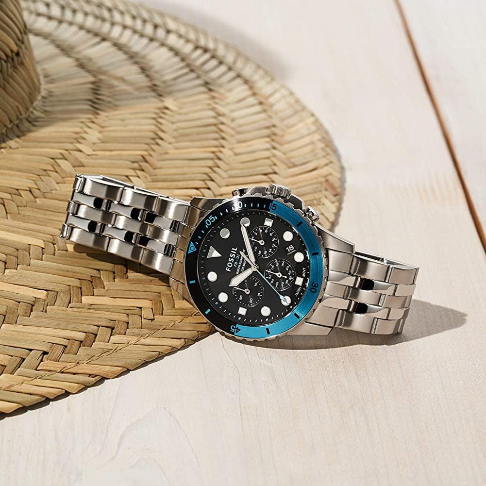 Fossil FS5827 FB-01 Chronograph Men’s Watch – Black Dial with Silver Steel Strap