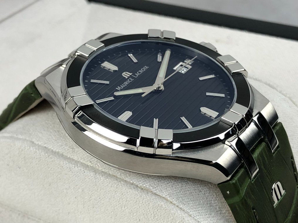 Maurice Lacroix Aikon Quartz Black Dial Green Crocodile Leather Strap Watch for Men - AI1008-PVB21-330-1
