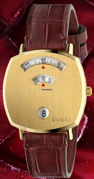 Gucci Grip Quartz Yellow Gold Dial Maroon Leather Strap Watch For Women - YA157405