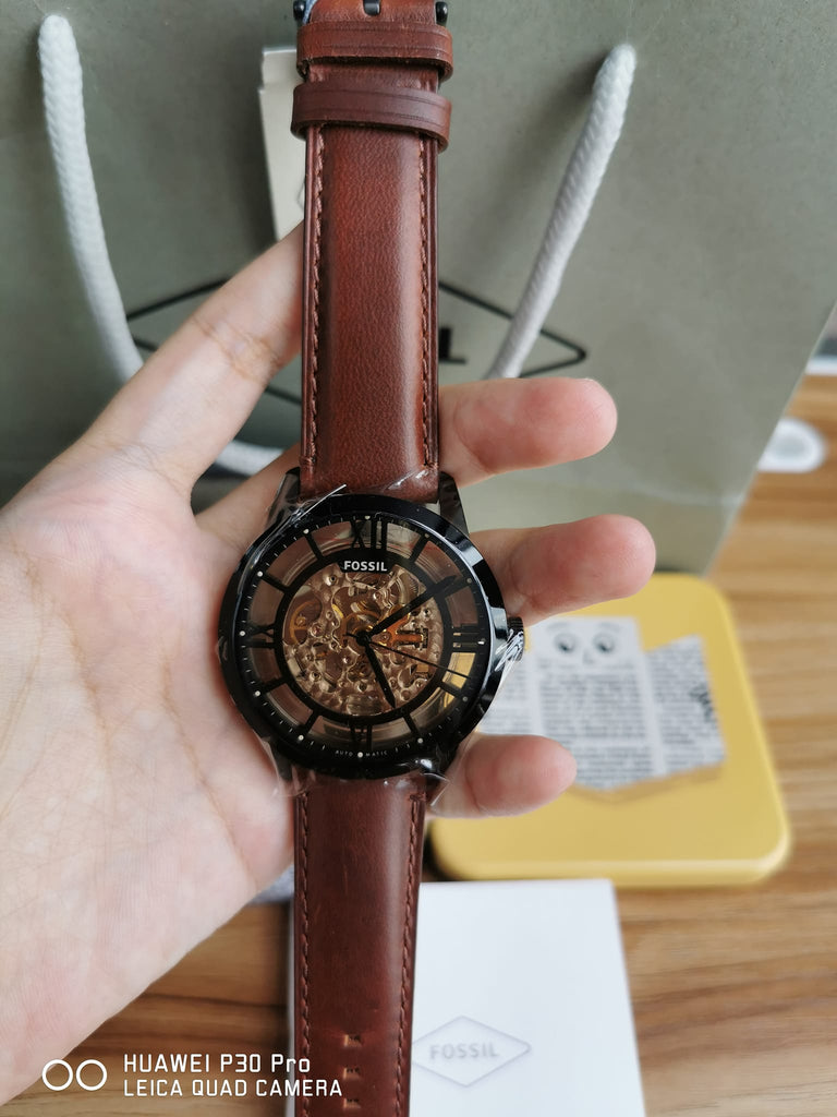 Fossil Townsman Automatic Skeleton Brown Dial Brown Leather Strap Watch for Men - ME3098