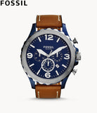 Fossil Nate Chronograph Navy Blue Dial Brown Leather Strap Watch for Men - JR1504