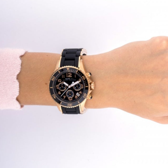 Marc Jacobs Rock Chronograph Black Dial Black Silicone Strap Watch for Women - MBM2553