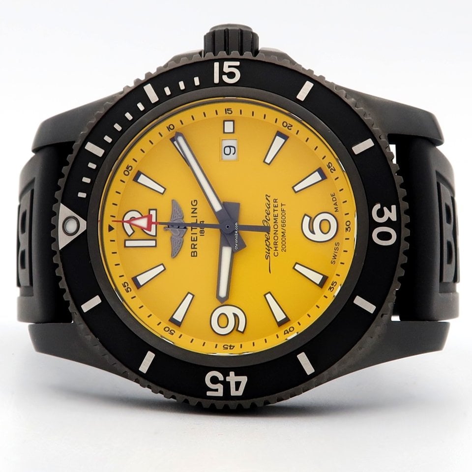 Breitling Superocean Automatic 46mm Yellow Dial Black Rubber Strap Watch for Men - M17368D71I1S1