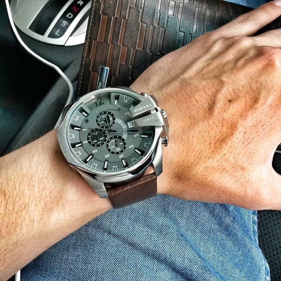 Diesel Mega Chief Chronograph Black Dial Brown Leather Strap Watch For Men - DZ4290