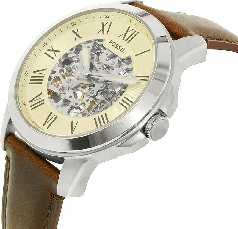 Fossil Grant Automatic Beige Skeleton Dial Brown Leather Strap Watch for Men - ME3099
