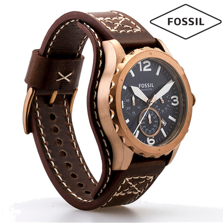 Fossil Nate Chronograph Blue Dial Brown Leather Strap Watch for Men - JR1505
