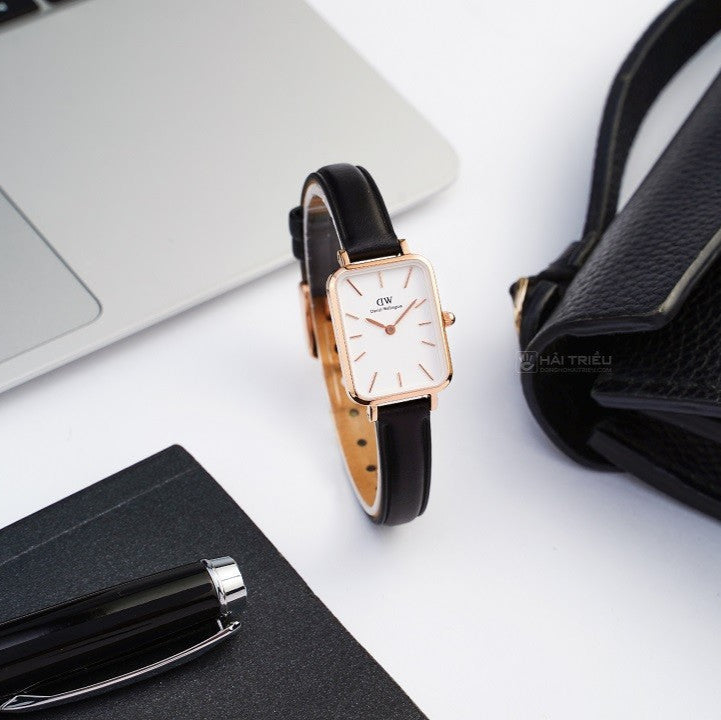 Daniel Wellington DW00100434 Quadro Women's Watch – White Dial & Black Leather Strap