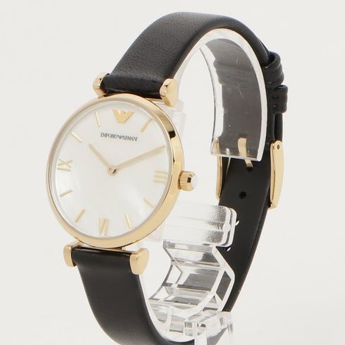 Emporio Armani Gianni T-Bar Quartz Mother of Pearl Dial Black Leather Strap Watch For Women - AR1910