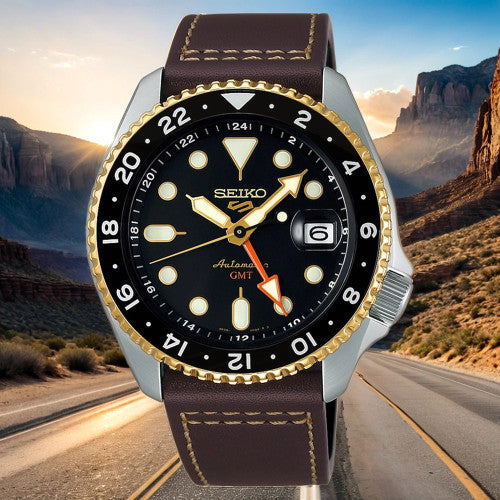 Seiko 5 Sports SSK036K1 SKX GMT Automatic Men's Watch – Mocha Black Dial & Brown Leather Strap