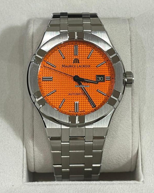 Maurice Lacroix AI6008 Aikon Limited Edition Automatic Date Men’s Watch – Orange Dial & Silver Steel Strap