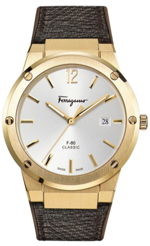 Salvatore Ferragamo F-80 Classic White Dial Brown Leather Strap Watch for Men - SFDT00819