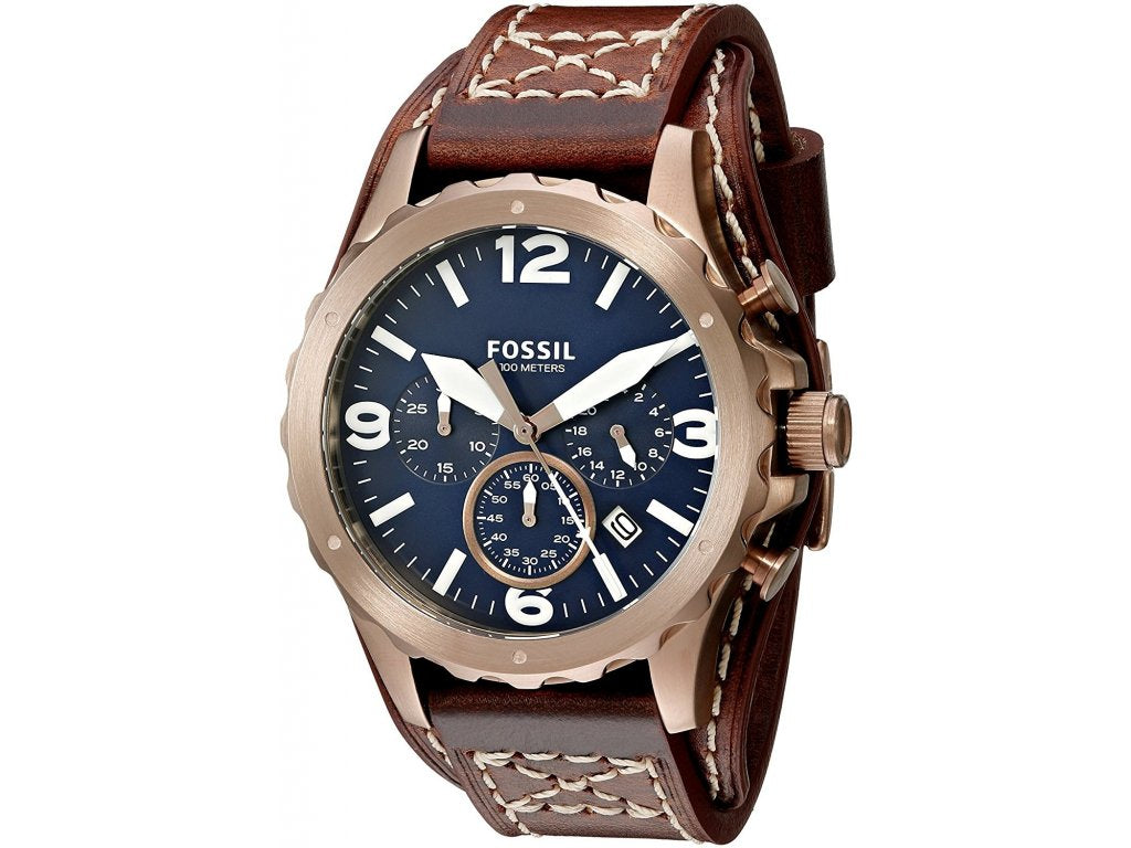 Fossil Nate Chronograph Blue Dial Brown Leather Strap Watch for Men - JR1505
