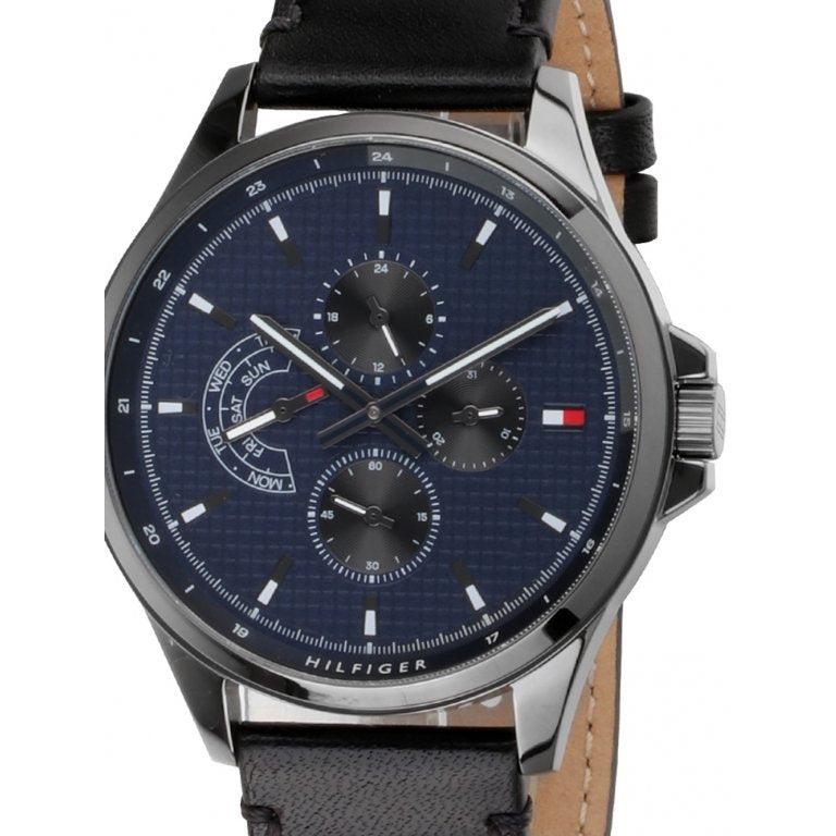 Tommy Hilfiger Shawn Multifunction Quartz Blue Dial Black Leather Strap Watch for Men - 1791616
