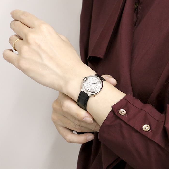 Cartier Ballon Bleu de Cartier Diamonds Silver Dial Black Leather Strap Watch for Women - W4BB0008