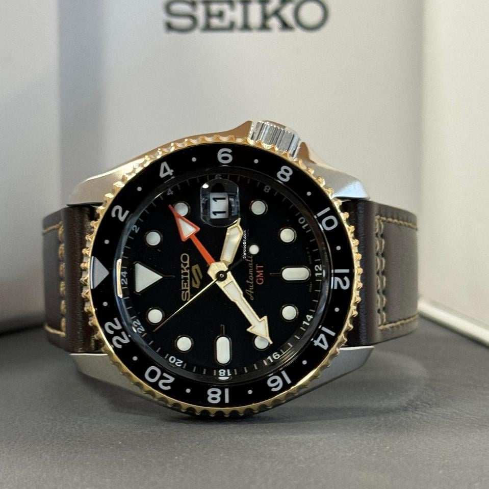 Seiko 5 Sports SSK036K1 SKX GMT Automatic Men's Watch – Mocha Black Dial & Brown Leather Strap