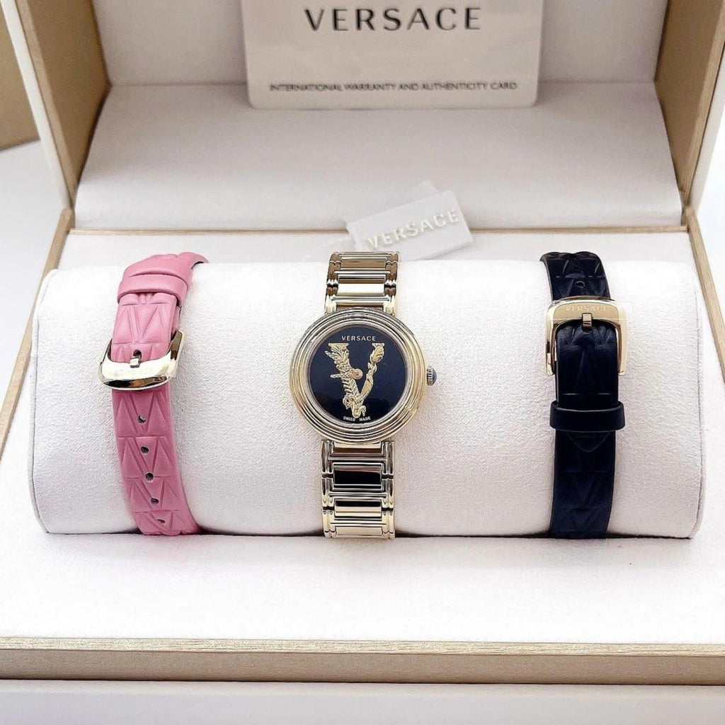 Versace V Virtus Quartz Black Dial Gold Steel Strap Watch For Women - VET300121