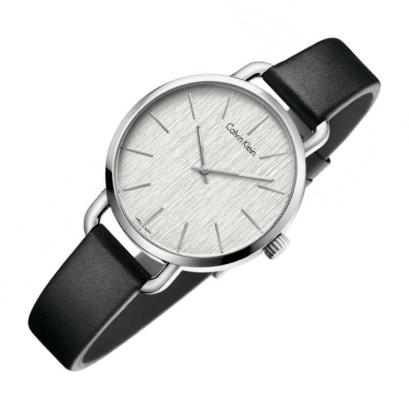 Calvin Klein Even Silver Black Leather Strap Watch for Women - K7B231C6