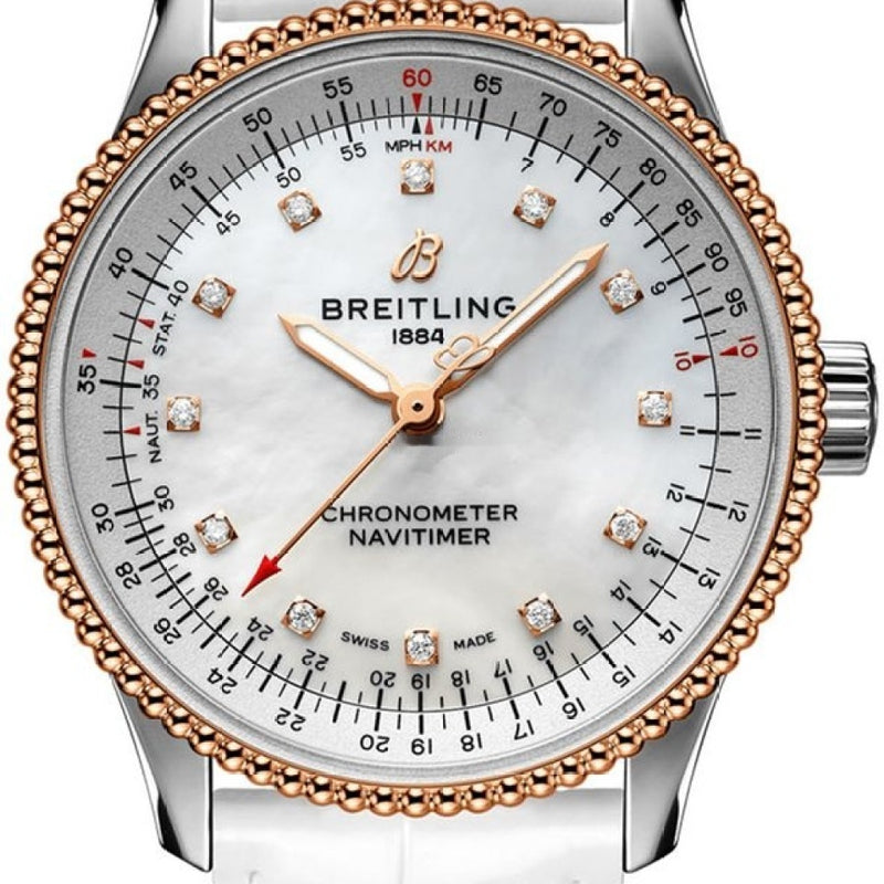 Breitling Navitimer Automatic 35 Mother of Pearl Dial White Leather Strap Watch for Women - U17395211A1P3