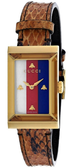 Gucci G-Frame Mother of Pearl Dial Brown Leather Snakeskin Strap Watch For Women - YA147402