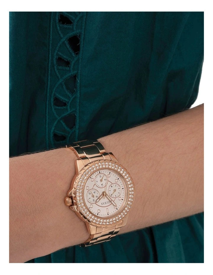 Guess Crown Jewel Multifunction Diamonds White Dial Rose Gold Steel Strap Watch For Women - GW0410L3