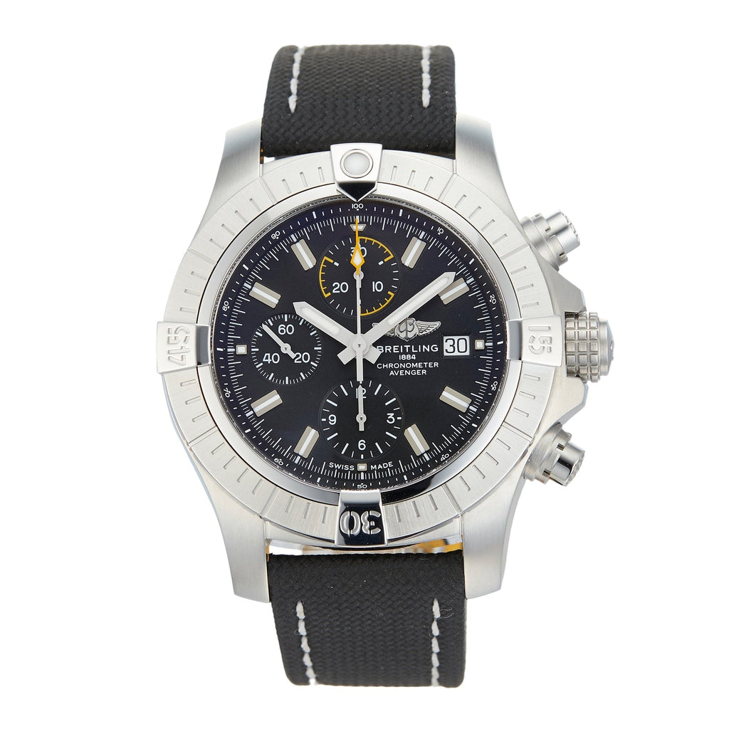 Breitling Avenger Chronograph 45mm Black Dial Black Leather Strap Watch for Men - A13317101B1X1