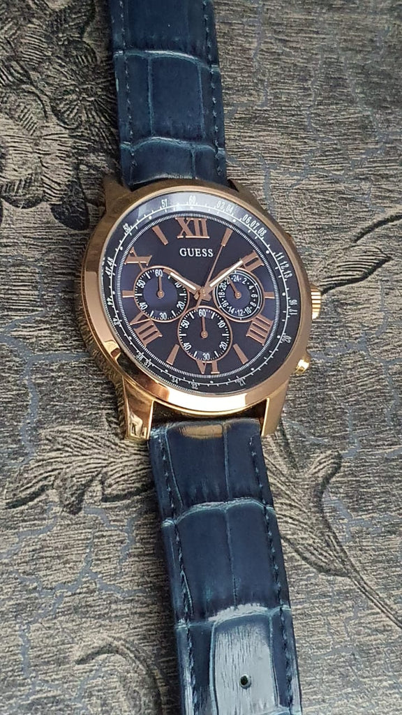 Guess Horizon Chronograph Blue Dial Blue Leather Strap Watch For Men - W0380G5