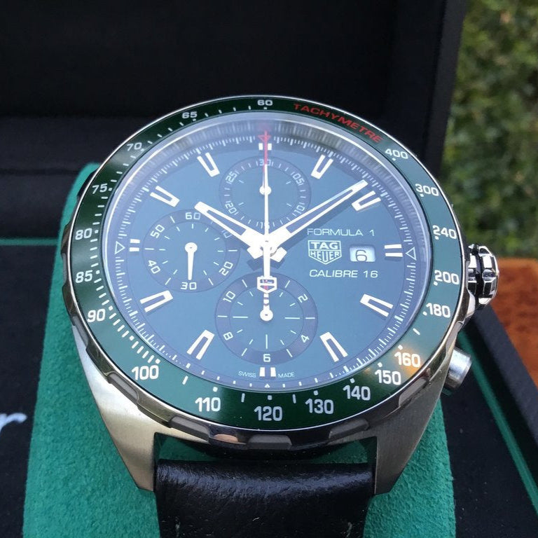 Tag Heuer Formula 1 Calibre 16 Automatic Chronograph Green Dial Black Leather Strap Watch for Men - CAZ2016.FC6473