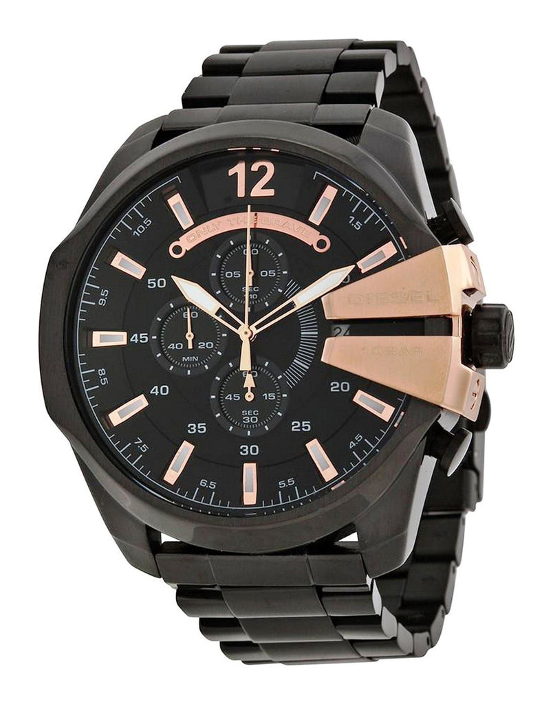 Diesel Mega Chief Chronograph Black Dial Black Steel Strap Watch For Men - DZ4309