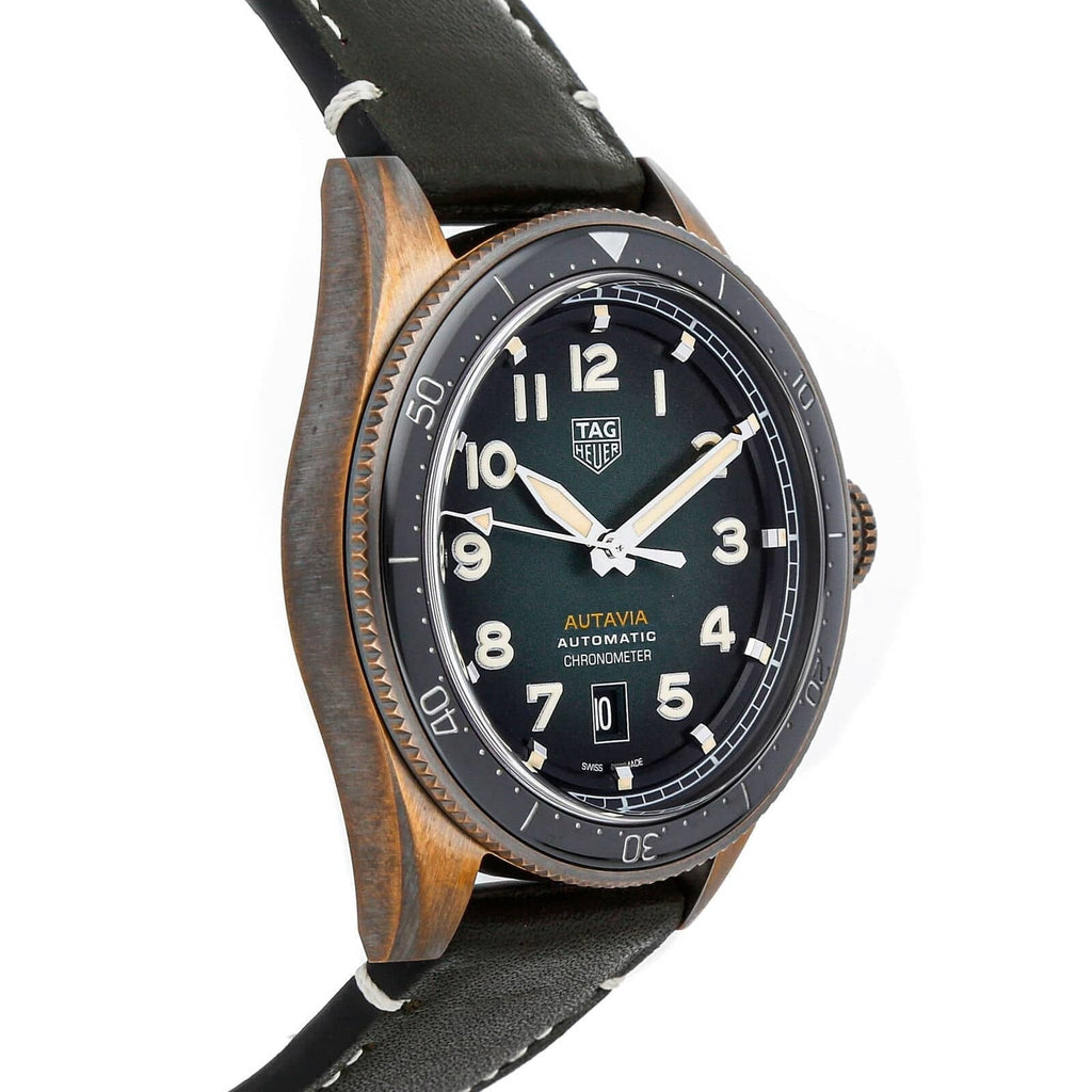 Tag Heuer Autavia Calibre 5 Automatic Olive Green Dial Green Leather Strap Watch for Men - WBE5190.FC8268