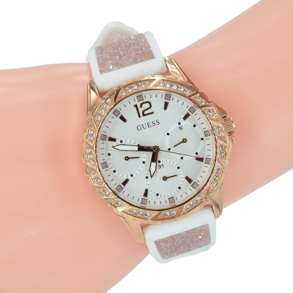 Guess Swirl Quartz Silver Dial White Rubber Strap Watch For Women - W1096l2