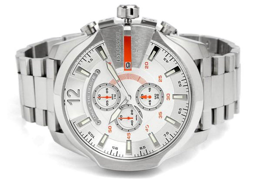 Diesel Mega Chief Chronograph White Dial Silver Steel Strap Watch For Men - DZ4328