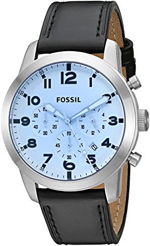 Fossil Pilot Chronograph Sky Blue Dial Black Leather Strap Watch for Men - FS5162