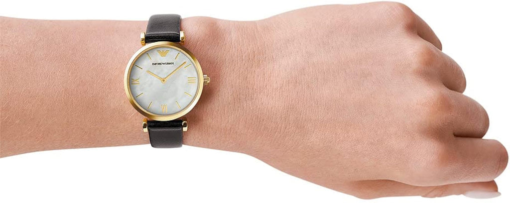Emporio Armani Gianni T-Bar Quartz Mother of Pearl Dial Black Leather Strap Watch For Women - AR1910