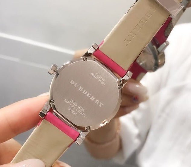 Burberry The City White Dial Haymarket Pink Leather Strap Watch for Women - BU9149