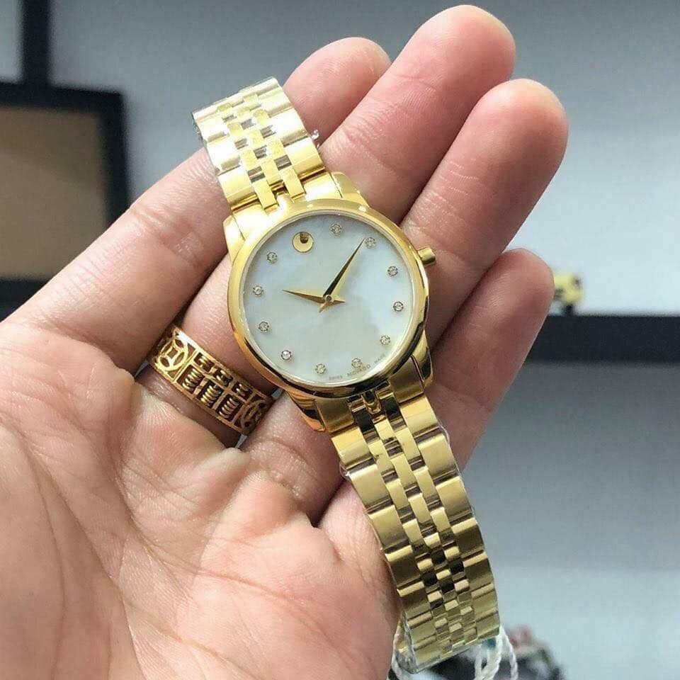Movado Museum Classic Diamonds Mother of Pearl Dial Gold Steel Strap Watch For Women - 0606998