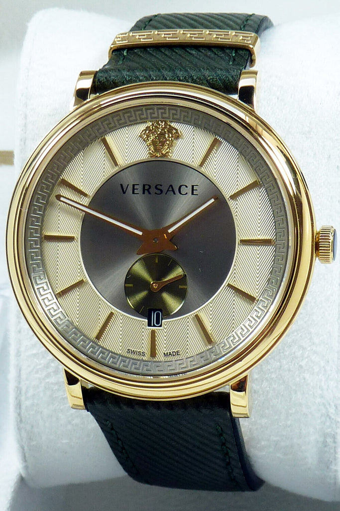 Versace V-Circle Manifesto Gold Dial Black Leather Strap Watch for Men - VBQ030017