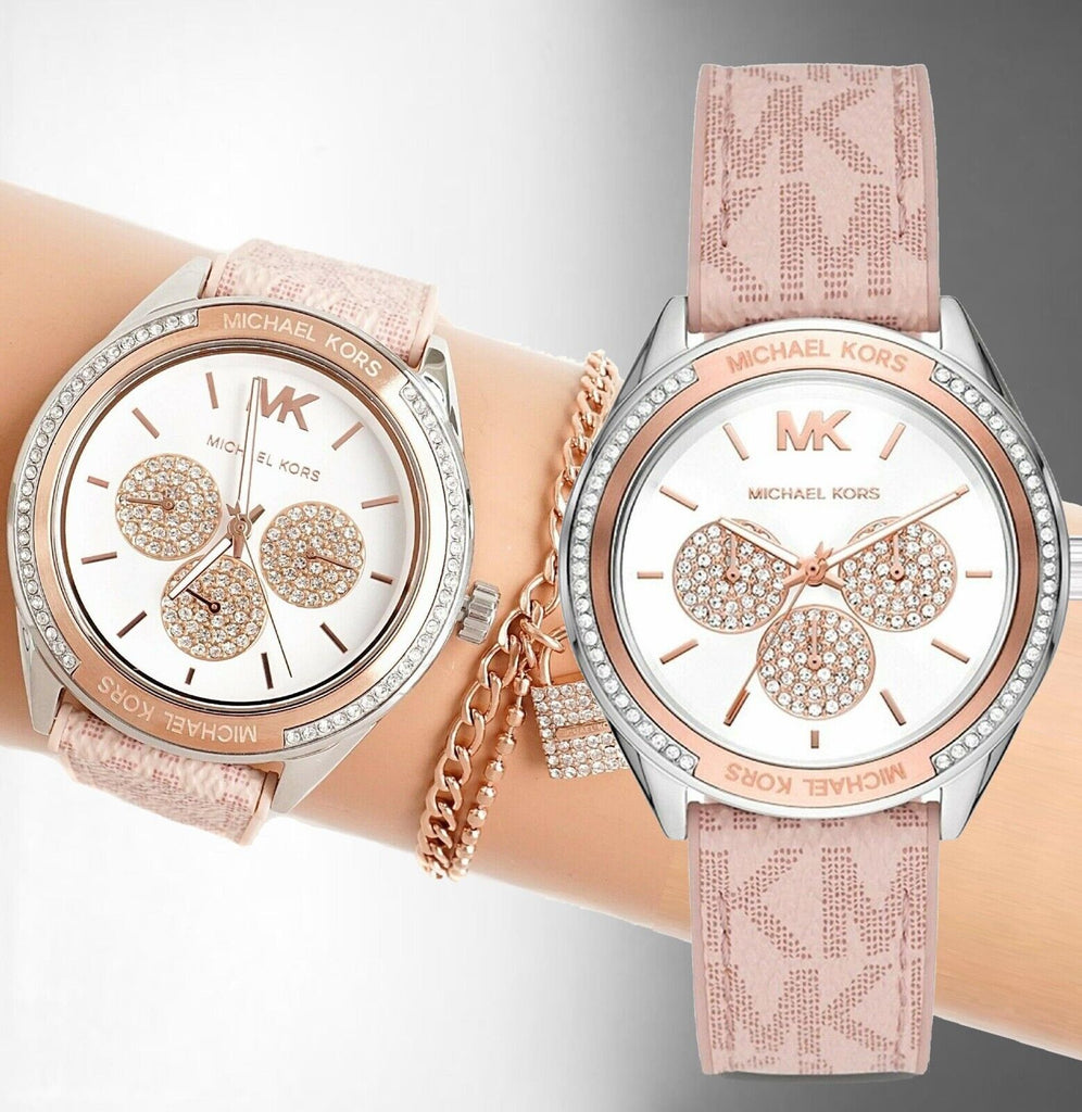 Michael Kors Multifunction Silver Dial Pink Leather Strap Watch For Women - MK7206