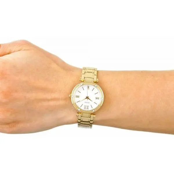 Guess Park Ave South Analog White Dial Gold Steel Strap Watch For Women - W0767L2
