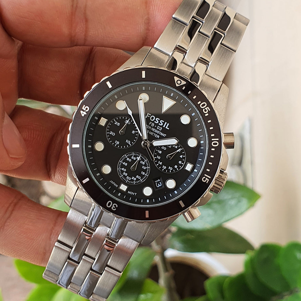 Fossil FS5837 FB-01 Chronograph Men’s Watch – Black Dial with Silver Steel Strap