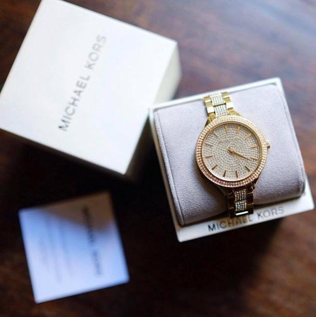 Michael Kors Slim Runway Crystals Gold Dial Gold Steel Strap Watch for Women - MK3632