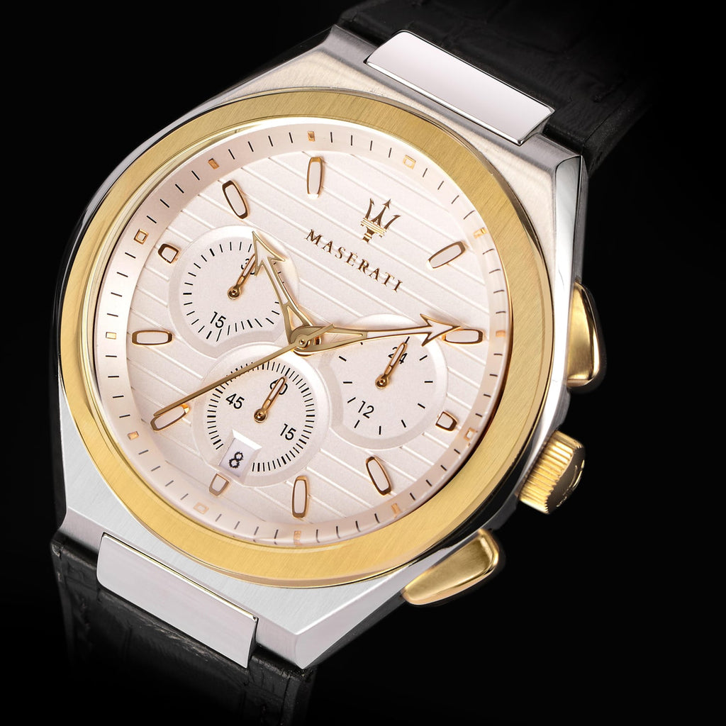 Maserati Triconic Chronograph White Dial Black Leather Strap Watch For Men - R8871639004