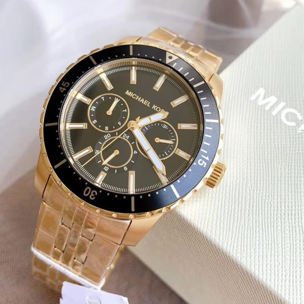 Michael Kors Cunningham Multifunction Black Dial Gold Steel Strap Watch For Men - MK7154